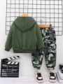 SHEIN 2pcs Baby Boys' Casual Hooded Sweatshirt And Camouflage Pants Set