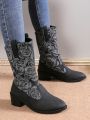 Women's Fashionable Floral Patchwork Boots With Chunky Heels And Pointed Toe