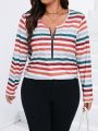 SHEIN LUNE Plus Striped Print Half Zip Tee