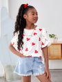 SHEIN Girls' Casual Loose-Fit Knitted Heart Print Short Sleeve T-Shirt With Round Neck For Daily Life