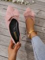 Women's Fashionable Plus Size Pointed Toe Comfortable Pink Bow Detail Slip-on Flat Shoes