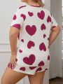 Plus Size Heart Printed Short Sleeve Pajama Set