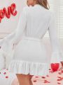 Women's Heart Pattern Bell Sleeve Peplum Hem Robe With Waist Belt