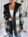 SHEIN Frenchy Buffalo Plaid Pattern Drop Shoulder Hooded Teddy Coat