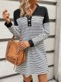 SHEIN LUNE Ladies' Striped Colorblock Button Detail Dress