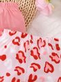 Baby Girls' Pink Heart Patterned Full Print Leggings And Solid Color Leggings