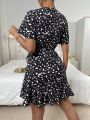 SHEIN LUNE Dalmatian Print Flounce Sleeve Ruffle Trim Wrap Knot Side A Line Dress