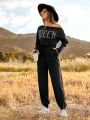 SHEIN LUNE Asymmetrical Neckline Jumpsuit With Rhinestone And Letter Print