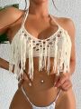 SHEIN Swim BohoFeel Tassel Detail Crochet Halter Neck Cover Up Top (bra Not Included)