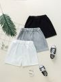 SHEIN Tween Boys' Casual Shorts Set With Bowknot Decoration, Elastic Waist, Black White Gray