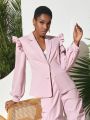 Steven Sweet Solid Color Ruffled Lantern Sleeve Turn-Down Collar Blazer Jacket