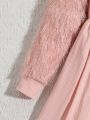 SHEIN Kids QTFun Girls' Fringe Long Sleeve High Neck Knit Elegant Vintage Pink Dress