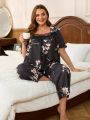 Plus Size Women'S Flower Print Lace Splicing Pajama Set