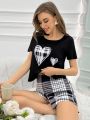 Women'S Summer Casual Pajama Set, Heart Print Short Sleeve Top And Plaid Shorts