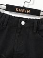 SHEIN Young Boys' Casual Straight Leg Jeans With Mid-Rise, Frayed Hem And Contrasting Side Panels