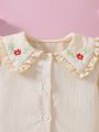 SHEIN Kids Nujoom Girls' Ruffle Trim Collar Flower Embroidered Long Sleeve Shirt, Suitable For Holiday Autumn/winter Season