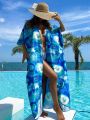 SHEIN Swim Classy Women'S Batwing Sleeve Kimono Cardigan With Tie-Dye Print