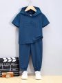SHEIN Kids EVRYDAY Boys' Casual Hooded Letter & Embossed Pattern T-Shirt And Pants Set