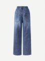 Girls' Love Heart Applique Embroidered Denim Straight Leg Jeans