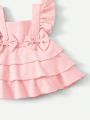 SHEIN Baby Girl's Cute Suspender Dress With Bow Decoration And Ruffle Hem