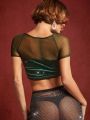 LOVING U Mesh Ruched Front Crop Velvet Top