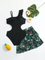 Tween Girls One-Piece Swimsuit With Bottoms And Plant Print Cover-Up Skirt, 2pcs/Set