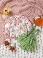Infant Girls' Flower Print Top And Ruffle Sleeves Jumpsuit Set