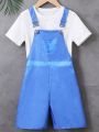 SHEIN Kids EVRYDAY Tween Boy's Digital Print Overalls In Denim Look