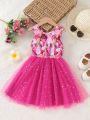 SHEIN Kids CHARMNG Young Girl's Gorgeous & Romantic Round Neck Sleeveless Fit And Flare Princess Dress With Sequin And Mesh Design, Summer