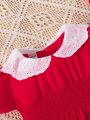 Infant Girls' Romantic Puff Short Sleeve Dress With Eyelet Embroidery And Peter Pan Collar, Elastic Waist