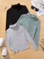 SHEIN Tween Girl Knit Solid Color High Neck Bodysuit T-Shirt Casual 3pcs/Set