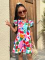 SHEIN Kids Cooltwn Little Girls' Casual Fruit Print Short Sleeve A-Line Dress