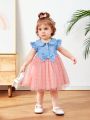 SHEIN Infant Girls' Leisure Denim-look Dress With Peter Pan Collar, Polka Dot Mesh Patchwork