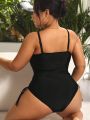 SHEIN Swim Basics Plus Size Drawstring Halterneck Criss Cross Side One Piece Swimsuit