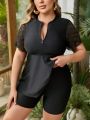 SHEIN Swim Classy Plus Size Women's Mesh Splicing Short Sleeve Zip Up Half Placket Bikini