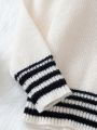 Tween Girl Striped Trim Drop Shoulder Cricket Sweater