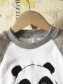 Baby Boy Embroidery Panda Pattern Colorblock Raglan Sleeve Teddy Sweatshirt With Pants