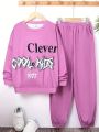 SHEIN Kids HYPEME Boys' Casual Letter Printed Sweatshirt And Pants Set