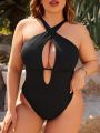 SHEIN Swim Basics Plus Size Women's Halter Neck Hollow Out One-Piece Swimsuit