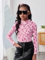 SHEIN Kids Cooltwn Girls' Heart Print Slim Fit Casual Long Sleeve T-Shirt