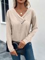 Women's V-neck Pleated Button Detail Casual T-shirt