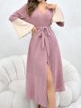 Color Block Bell-Sleeve Belted Homewear Robe