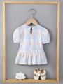 Infant Girls' Puff Short Sleeve Dress With Cute Round Neck, College Style, Spring/Summer