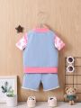 3pcs/set Spring Summer Baby Girls' Denim Vest, Pink Smiling Face Printed T-shirt, Light Washed Shorts Outfit Set