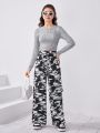 SHEIN Teen Girl Solid Tee & Camo Print Wide Leg Pants