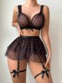 Women's Mesh & Lace Heart Shaped Sexy Lingerie 5pc/Set (Bra, Thong, Garter Belt With Stocking, 2 Leg Garters)