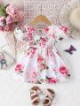 Baby Girl's Summer Romantic Rose Floral Print A-Line Dress With Halter Neck For Valentine's Day