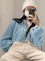 DAZY Solid Drop Shoulder Drawstring Hooded Teddy Jacket