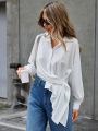 SHEIN Essnce Solid Color Irregular Hem Long Sleeve Shirt