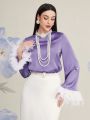 SHEIN Modely Feather Decorated Flared Sleeve Satin Blouse